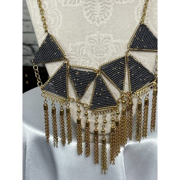 Carol Dauplaise Gold-Tone Navy Triangle Seed Beaded Tassel Statement Necklace - Picture 3 of 5